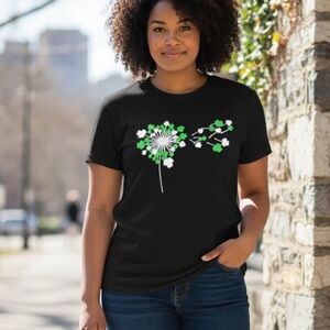 Women's St Patrick's Day Dandelion Black Floral short sleeve Graphic Tee Top